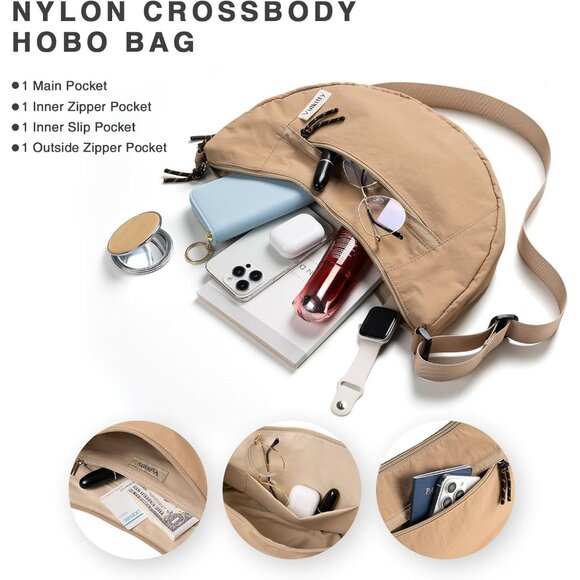 Nylon Crescent Crossbody Bag Compact Water-Resistant Travel Purse - Picture 3 of 7